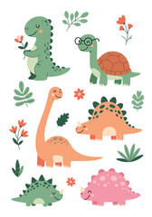 Cute cartoon dinosaur collection adorable prehistoric creatures with plants and flowers