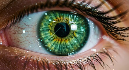 Close up of a green woman eye with futuristic digital interface data. Concept of biometric scan or virtual reality.