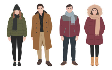 Winter Fashion Couples Illustration Featuring Handsome Guys and Beautiful Girls in Stylish Outfits. Casual Cold-Weather Clothing Design Perfect for Trendy Lifestyle or Seasonal Campaigns.