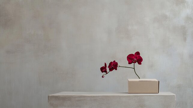 Red orchid in box on gray table minimalist still life