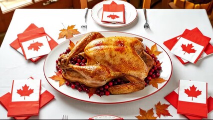 Classic Canadian Thanksgiving dinner scene with golden roast turkey on oval platter ringed with cranberries and maple leaves, with red‑and‑white maple napkins - Powered by Adobe