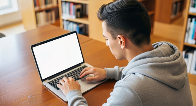 A young man working on a laptop with a blank screen in a library surrounded by bookshelves and wooden table