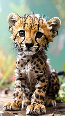 A captivating close-up view of a wet, adorable cheetah cub, its delicate features and spotted coat showcased in a soft focus, showcasing a serene and sweet mood.
