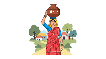 Rural Woman with Water Pot: A dignified woman, adorned in vibrant traditional attire, strolls through a rustic landscape, balancing a water pot atop her head, embodying the essence of rural life.