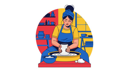 Woman crafting on a pottery wheel: A focused craftswoman skillfully shapes clay on a pottery wheel, embodying the essence of artistry, creativity.