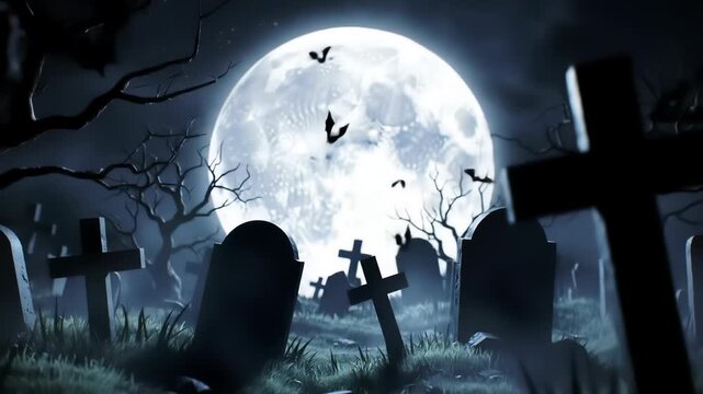 A haunting graveyard illuminated by a bright full moon, with silhouetted trees and flying bats creating a mysterious and eerie atmosphere for Halloween.