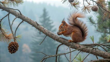Obraz premium a red squirrel sits on a branch and eats a nut.