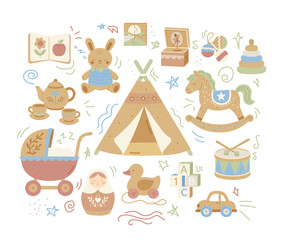 Scandinavian Baby Toys Clipart Set – Hygge Wooden Rocking Horse, Nursery Decor, Cozy Flat Vector Illustration for Kids Products, Posters, Packaging and Baby Shower Design