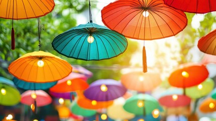 Obraz premium Colorful Umbrellas Adorn a Festive Outdoor Space with Lights