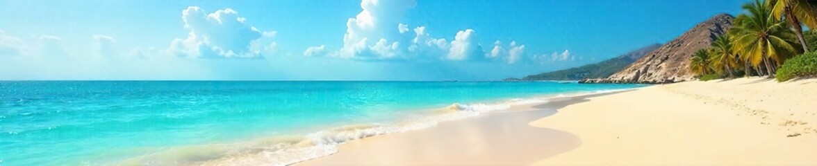 Obraz premium Endless expanse of golden sand meets calm turquoise ocean under a clear blue sky Perfect for summer vacation imagery, travel brochures, or relaxation themes , shore, beachfront