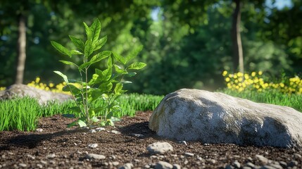 Obraz premium Green Plant Growing Among Rocks in Natural Outdoor Landscape