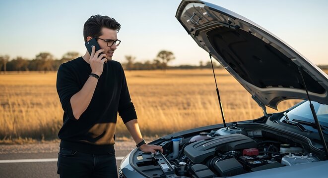 Man with a Broken Down Car Calls for Roadside Assistance - Powered by Adobe