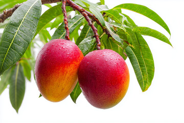 Obraz premium Ripe mangoes hanging from a tree branch with green leaves and natural blush. A tropical fruit scene symbolizing sweetness, harvest, and seasonal abundance, isolated on white background. 