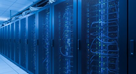 Gleaming server racks with glowing blue lights and intricate wiring create a modern data center