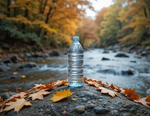 Obraz premium Stay refreshed with pure water bottle amidst stunning autumn foliage along a serene riverbank setting