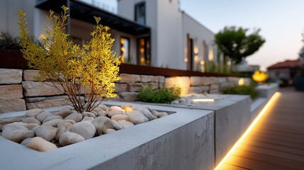 Amenagement paysager moderne avec jardinieres beton et eclairage LED