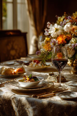 elegant holiday table set with virtual dishes and decor emphasizing wine glass