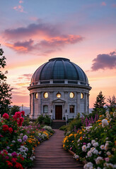 Fototapeta premium Architectural Observatory Dome at Sunset Surrounded by Colorful Garden