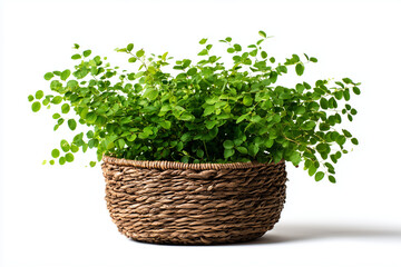 Naklejka premium Green leafy plant growing in a woven wicker basket on a white surface. A natural home decor element symbolizing freshness, gardening, and indoor greenery, isolated on white background. 