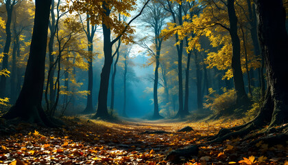 Golden autumn forest path bathed in mystical soft light, creating an enchanting and serene woodland atmosphere with fallen leaves carpeting the ground