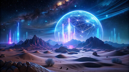 Obraz premium Surreal glowing holographic desert graph under night sky futuristic finance hologram stock design 