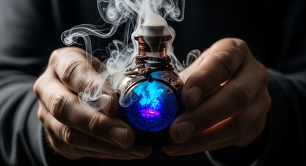 Hands delicately hold a smoking potion bottle filled with blue mystical liquid against dark background. Concept for fantasy illustration, alchemist creation and Halloween themed designs