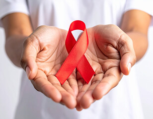 Doctor showing red ribbon for hiv and aids awareness