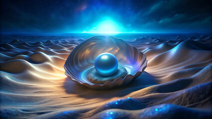 Surreal pearl inside seashell resting on glowing futuristic jewel holographic ocean fantasy design  