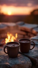 Two mugs of hot chocolate by a campfire at sunset.