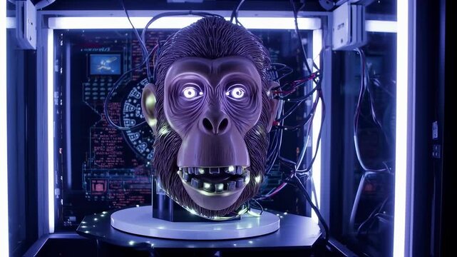 Animatronic Ape Head in a Futuristic Enclosure, Animated Sequence and Expressions Displayed