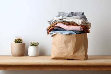 Overfilled paper bag with assorted second-hand clothes in minimalist interior, concept of donation, decluttering, or laundry