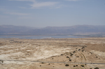 The Arava Desert, the Dead Sea and the mountains of Jordan on the horizon.Israel