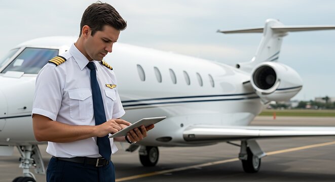 Pilot using tablet near private jet for preflight check