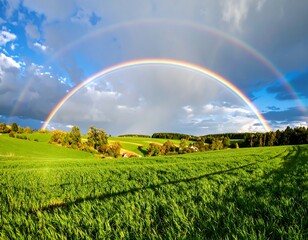 Double rainbow over a grassy valley
