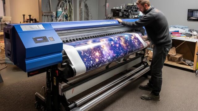 A man works a large, blue printing machine, rolling a large image of a galaxy. Shop interior, equipment and tools are visible