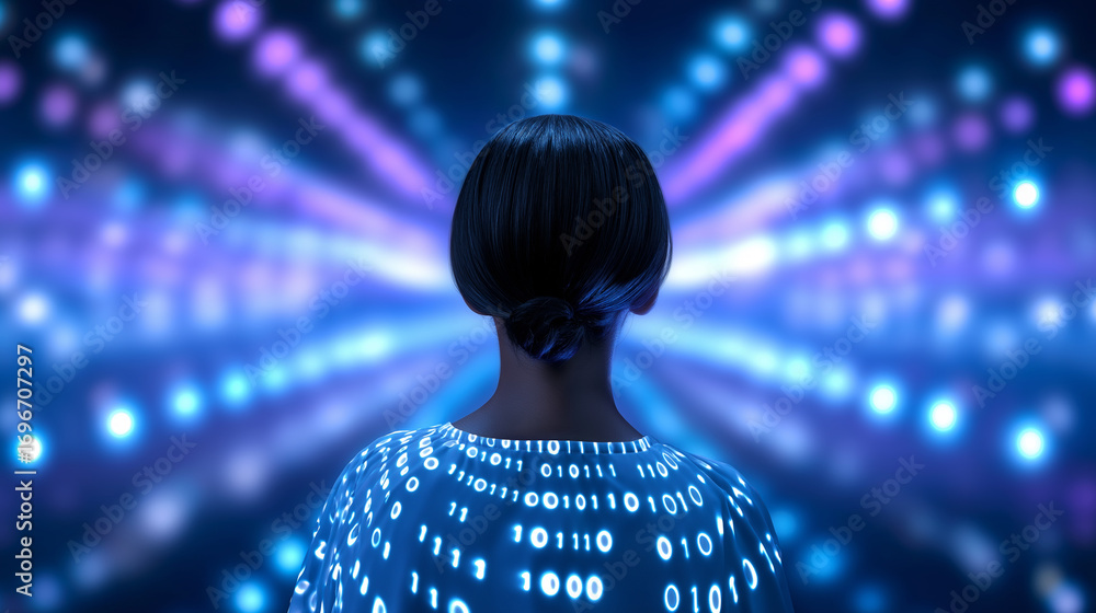 Aufkleber person standing in front of glowing binary code, digital matrix background.