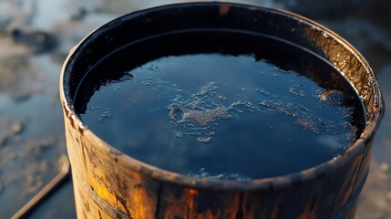 Industrial barrel leaking black oil