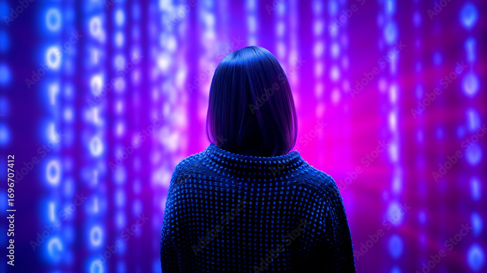 Aufkleber person standing in front of glowing binary code, digital matrix background.