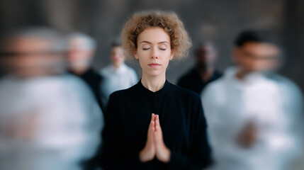 Person meditating with blurred crowd in background, focus on mindfulness and inner peace.  
