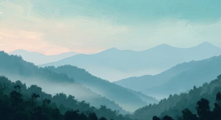 Illustration of misty mountains at sunrise with layers of blue hills and soft sky