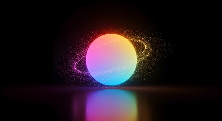 Minimal glowing sphere with abstract digital particles floating in futuristic dark background