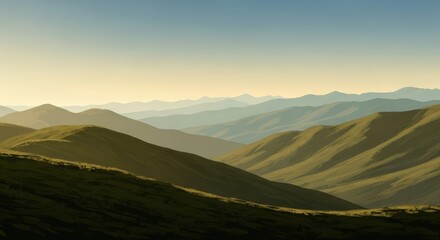 Illustration of rolling green hills bathed in the warm glow of sunset light
