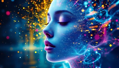 Futuristic concept of a woman's consciousness merging with artificial intelligence, surrounded by glowing digital data streams and neural networks