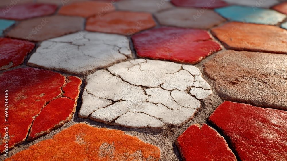 Poster a colorful mosaic of red and white tiles with a white circle in the center. the circle appears to be