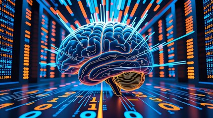 Conceptual illustration of a futuristic AI brain with data streams emanating from it, symbolizing artificial intelligence and digital transformation