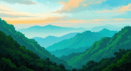 Illustration of lush green mountain valley with a hazy blue sky and distant peaks at sunrise