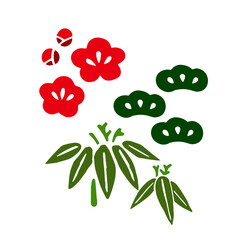 お正月の縁起物・松竹梅を素朴な手描きで描いた和柄イラスト素材。松,竹,梅,和風,お正月