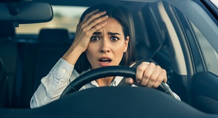 Scared Woman Driving a Car, Expressing Fear and Panic on the Road