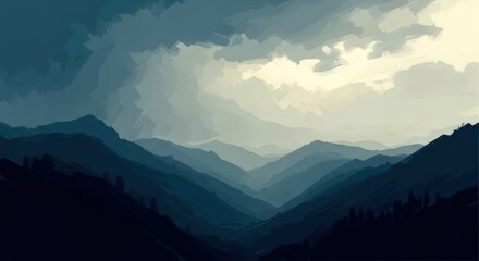 Illustration of dark moody mountain range with dramatic clouds and soft light
