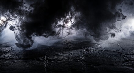 Dramatic swirling dark smoke hovering over cracked asphalt surface, illuminated from behind. Concept for mystery background, horror atmosphere and theatrical special effects